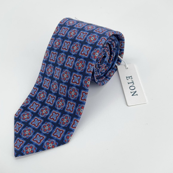 Eton Tie Mens Blue Red Silk Medallion‎ Geometric Pattern Made Italy Necktie NWT